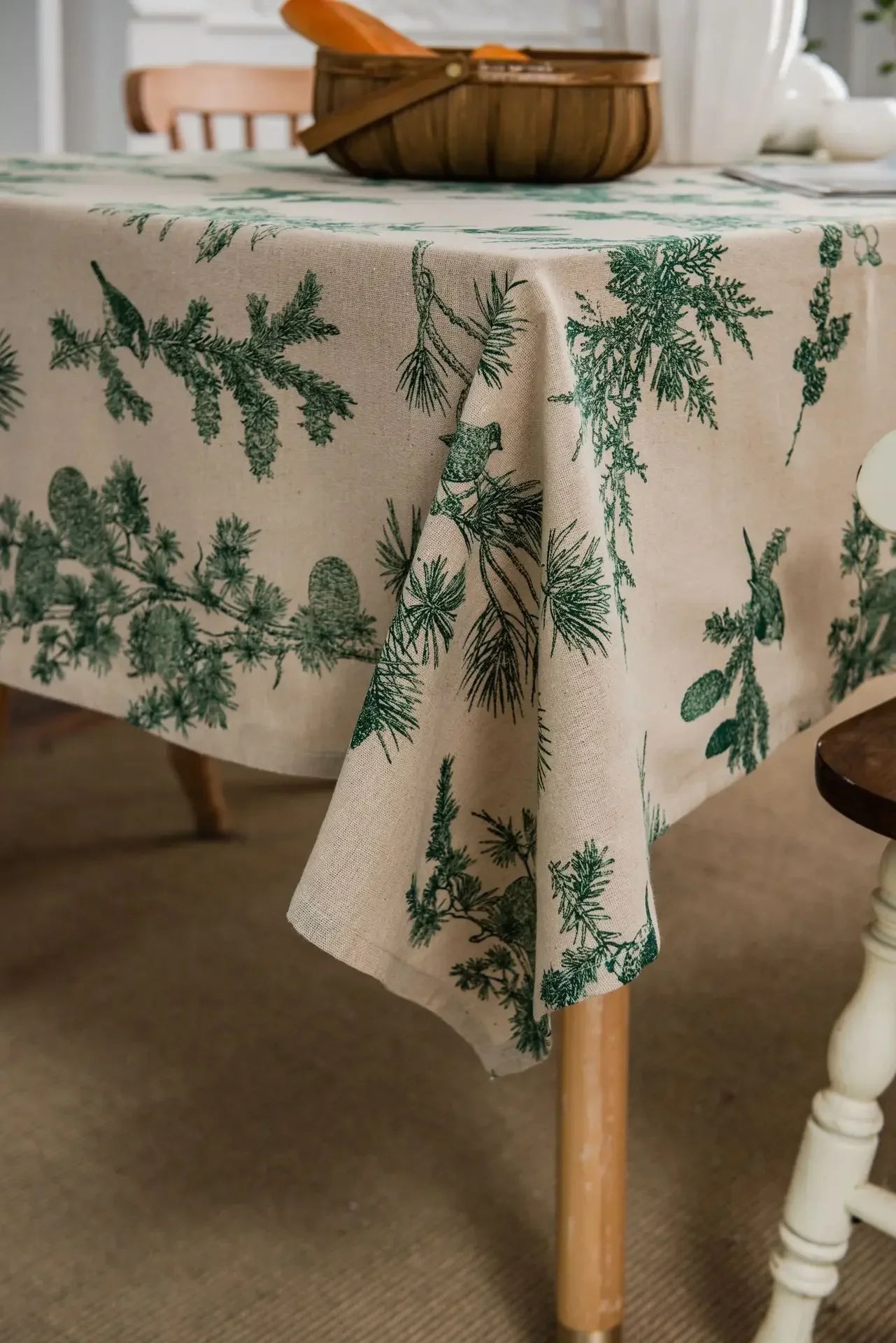 Cotton Linen Printed Pine Rectangular Fitted Tablecloth