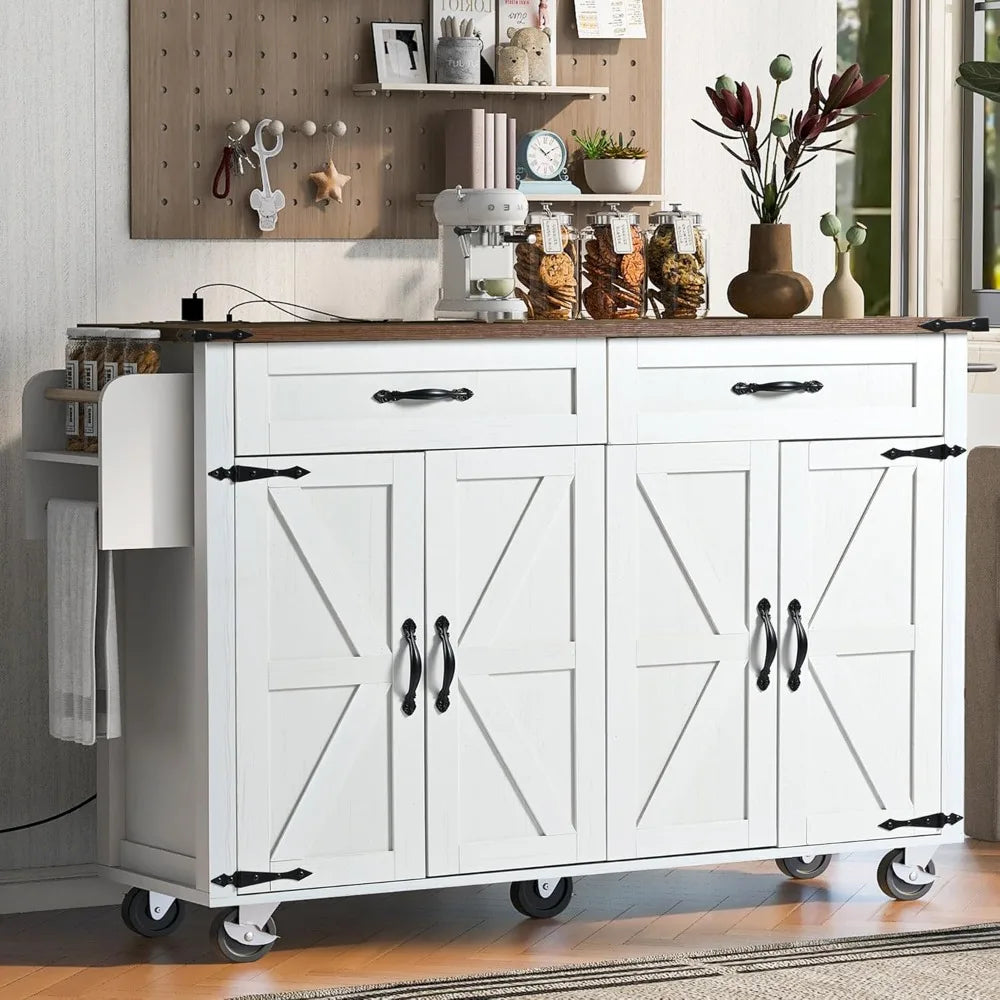 Farmhouse Rolling Kitchen Island with Power Outlet, Drop Leaf Breakfast Bar, Wooden Mobile Storage Island Cart on Wheels