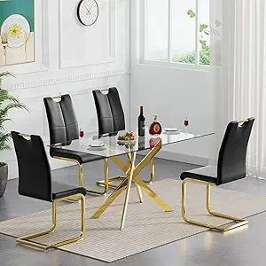 Glass Dining Table Set for 4, 5-Piece Modern Kitchen Table Set with 4 High-Back PU Leather Upholstered Chair for Kitchen Dining