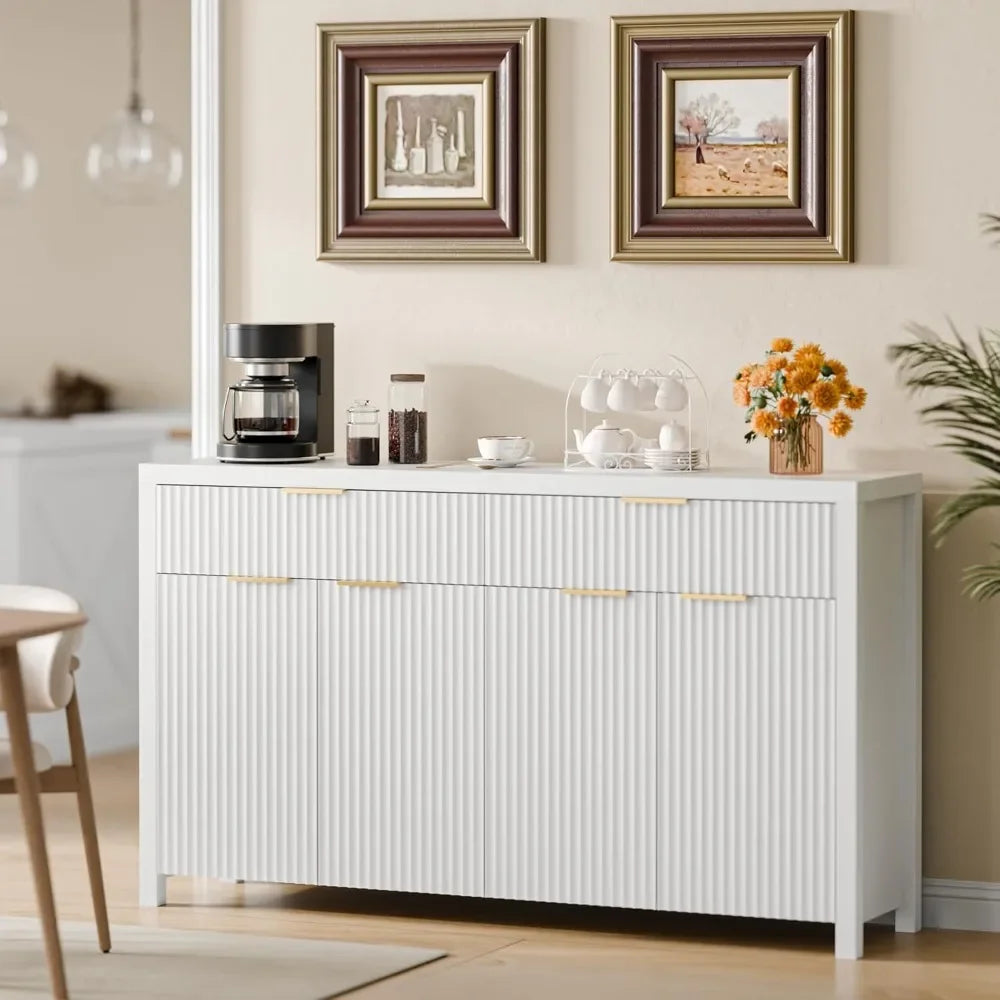 "White Fluted Storage Cabinet with Drawers – Buffet & Sideboard Design with Adjustable Shelves for Kitchen or Living Room"