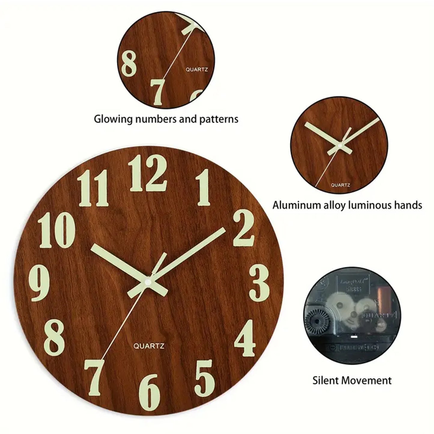 12 Inch Wooden Simple Luminous Wall Clock Silent Non Ticking Analog