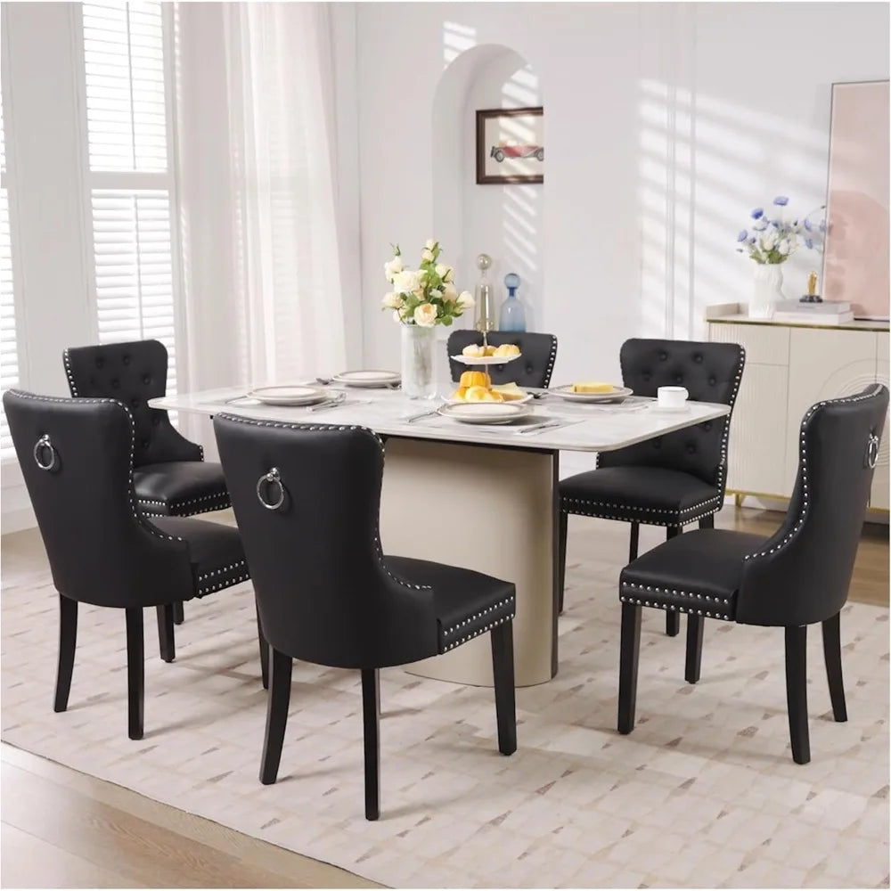 PU Leather Dining Chairs Set of 4 – Tufted Upholstered Seats, Solid Wood Legs & Pull Ring | Ideal for Dining Rooms