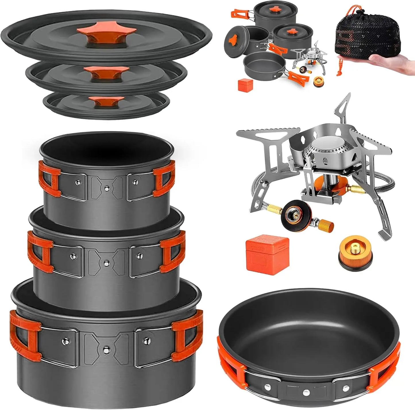 Camping Cookware Mess Kit Set with Stove - Backpacking Camping Pots and Pans Set All in One Non-Stick Camping Cooking Set