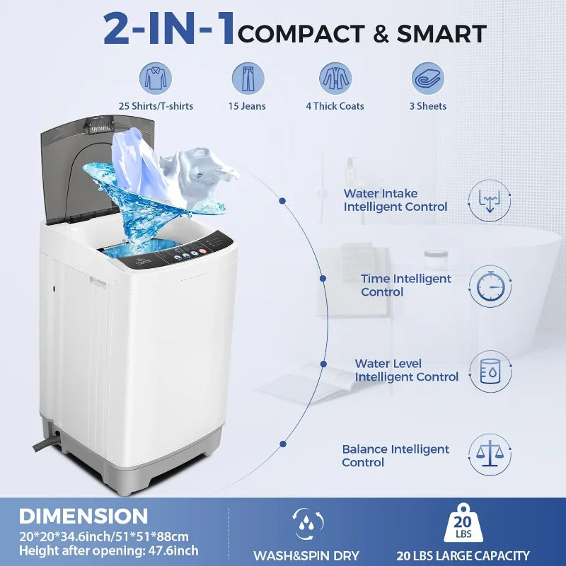 20Lbs Portable Washing Machine Portable Washer, 2.8 Cu. ft. Washer and Dryer Combo with Drain Pump, 10 Programs 8 Water