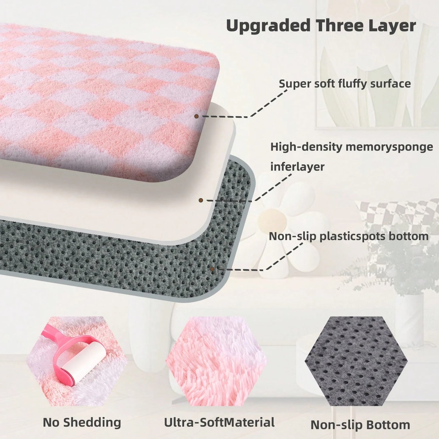 Fluffy Long Shag Plaid Area Rug for Bedroom, Living Room Washable , Super Soft Indoor Plush Rug.