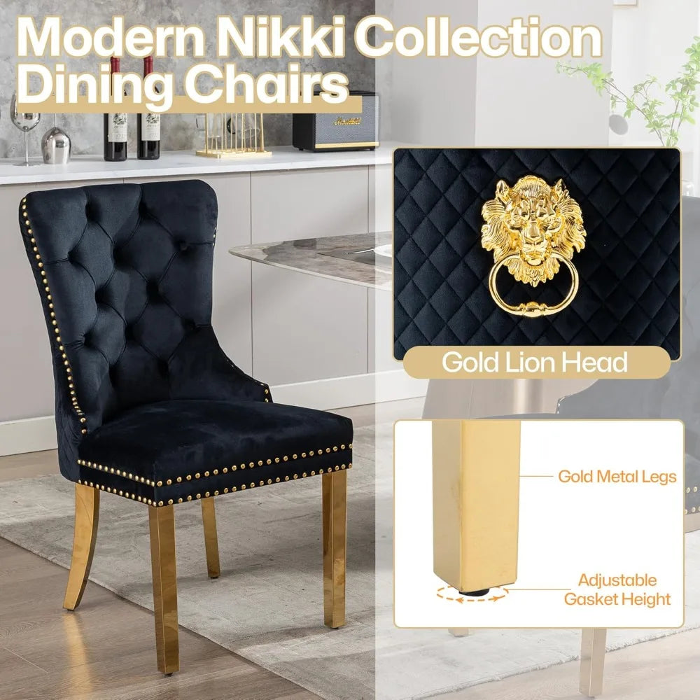 Velvet Dining Chairs Set of 2,  Dining Room Chairs with Gold Metal Legs and Lion Head Pull Ring