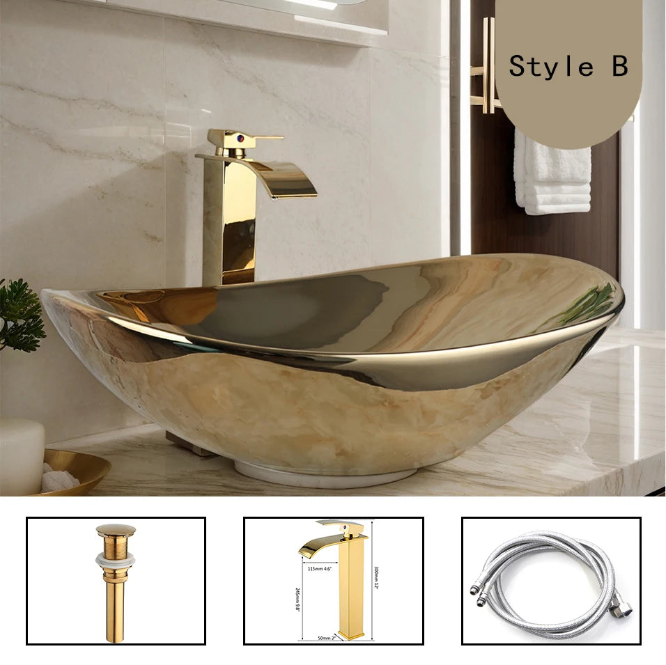 Gold Ceramic Luxury Bathroom Vessel Sink Set  Bowl Washbasin Waterfall Brass Faucet Pop Up Drain Combo High-End Basin Kit
