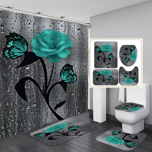 4pcs Set Doormat Shower Curtain with Non-Slip Rugs Toilet Seat Cover Bath Carpet Durable Waterproof
