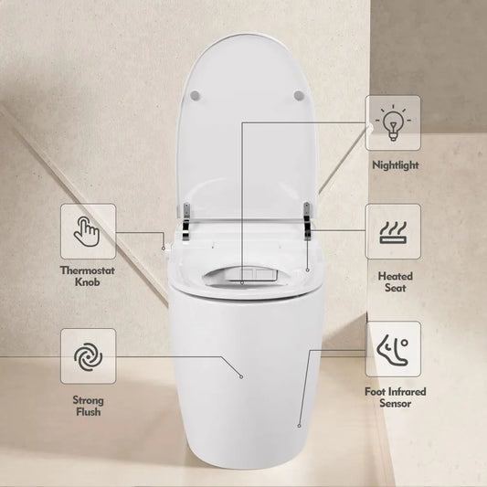 Heated Seat Smart Toilet, One Piece Toilet, Automatic Flush Tank Less Toilet without Bidet, with Foot sensor Flush