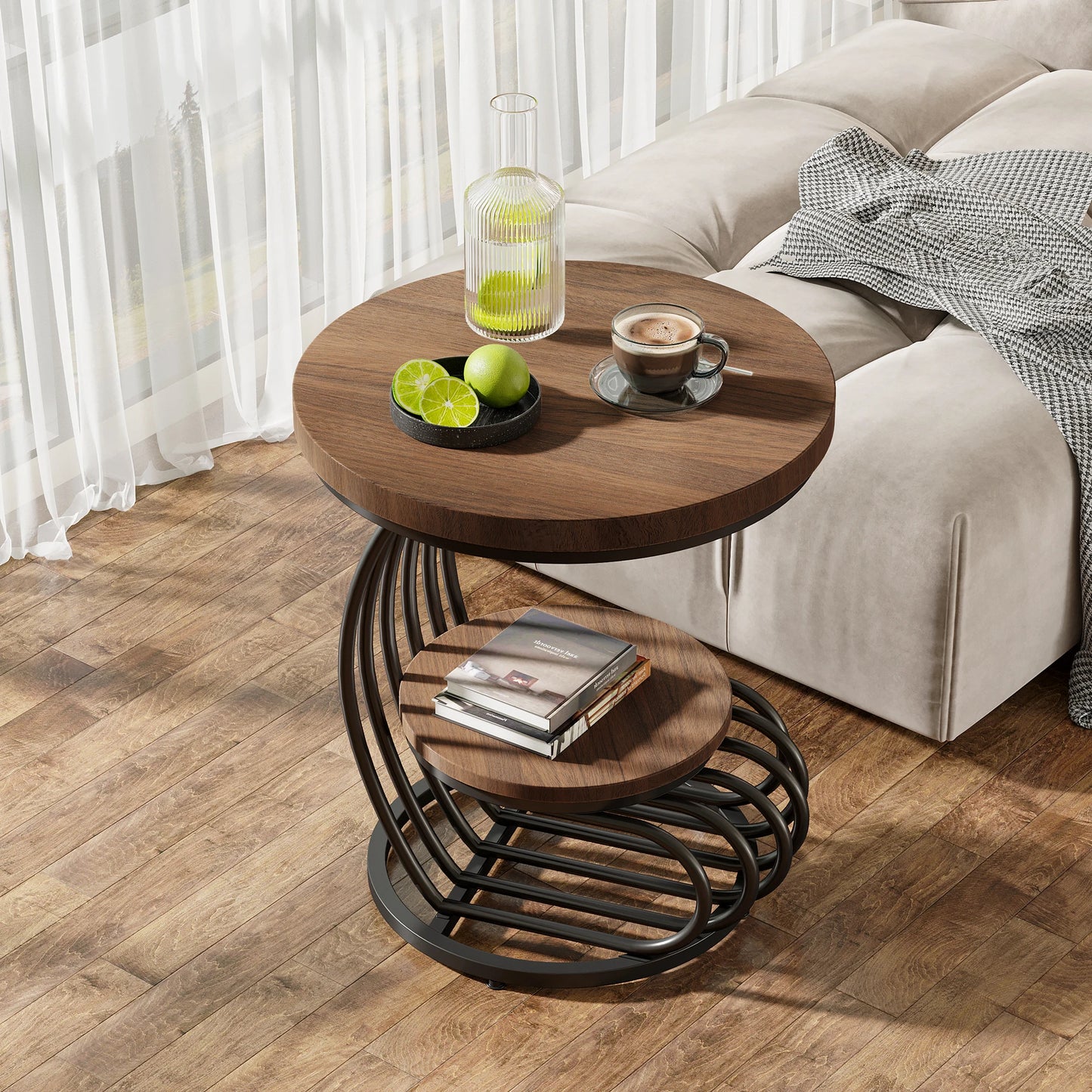 Gold Round End Table: 2 Tiers Faux Marble Side Table with Storage Shelf, Modern White Gold Bedside Nightstand