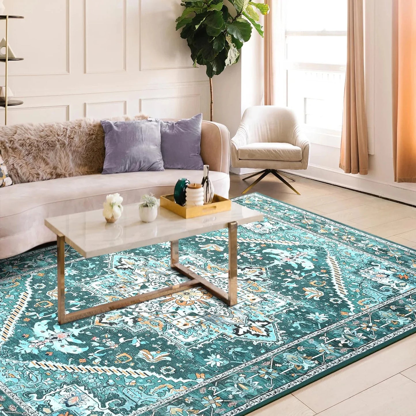 Faux Cashmere Vintage Floral  Soft Accent Area Rug, Low Pile for Living Room Bedroom