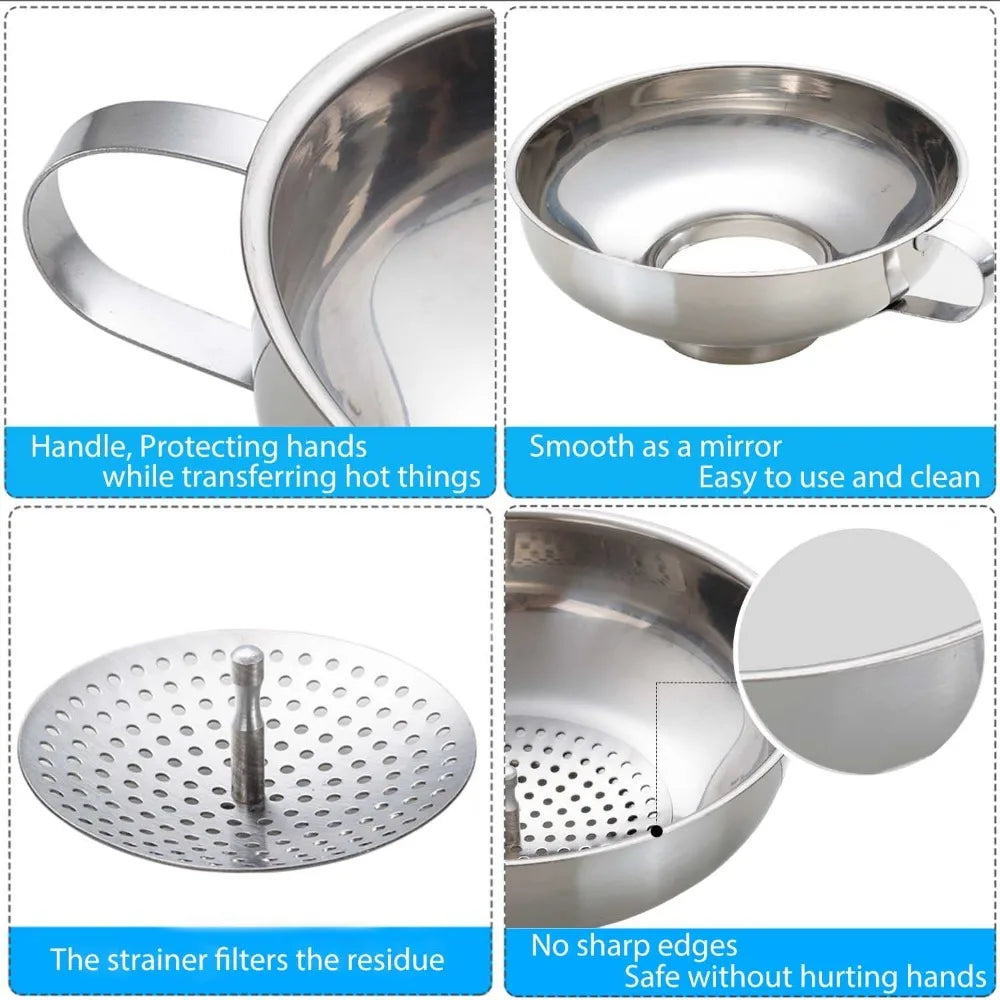 Food grade stainless steel canning funnels with filters, wide mouth funnels for kitchens, wide POTS and regular cans