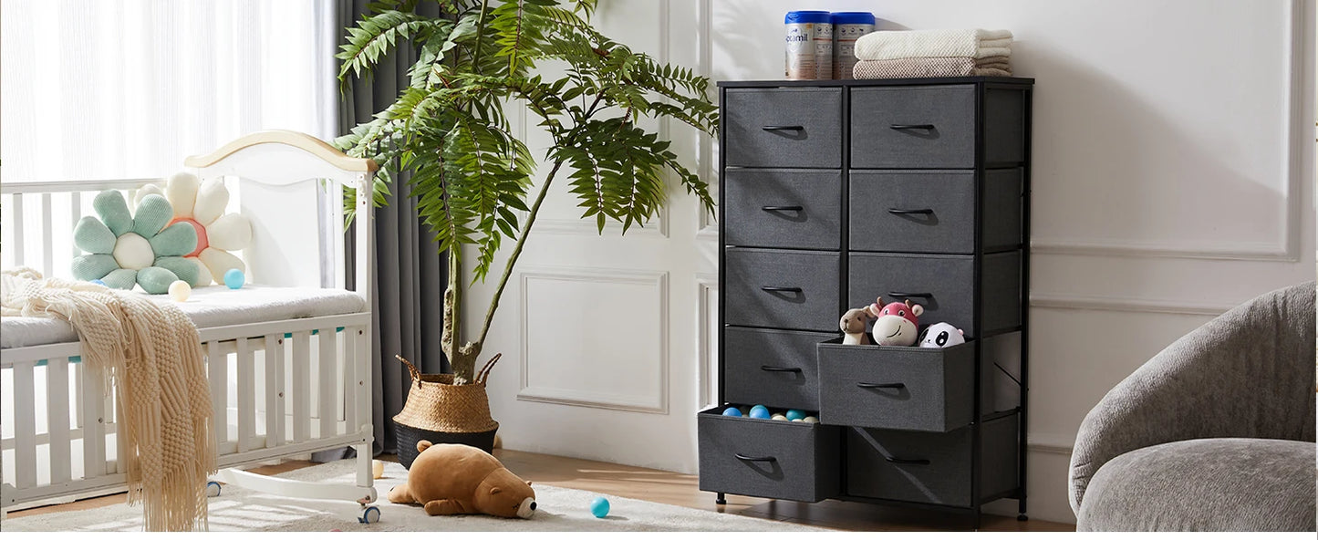 Bedside Table For Bedroom With 10 Fabric Drawers Nightstand Storage Cabinet With Steel Frame