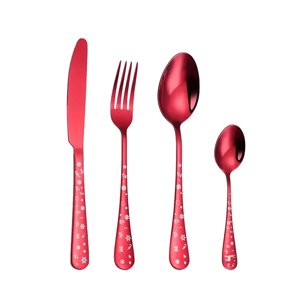 4pcs/set High Quality Christmas Flatware Set Stainless Steel Red Green Dinnerware Knife Fork Spoon Cutlery Dishwasher Safe