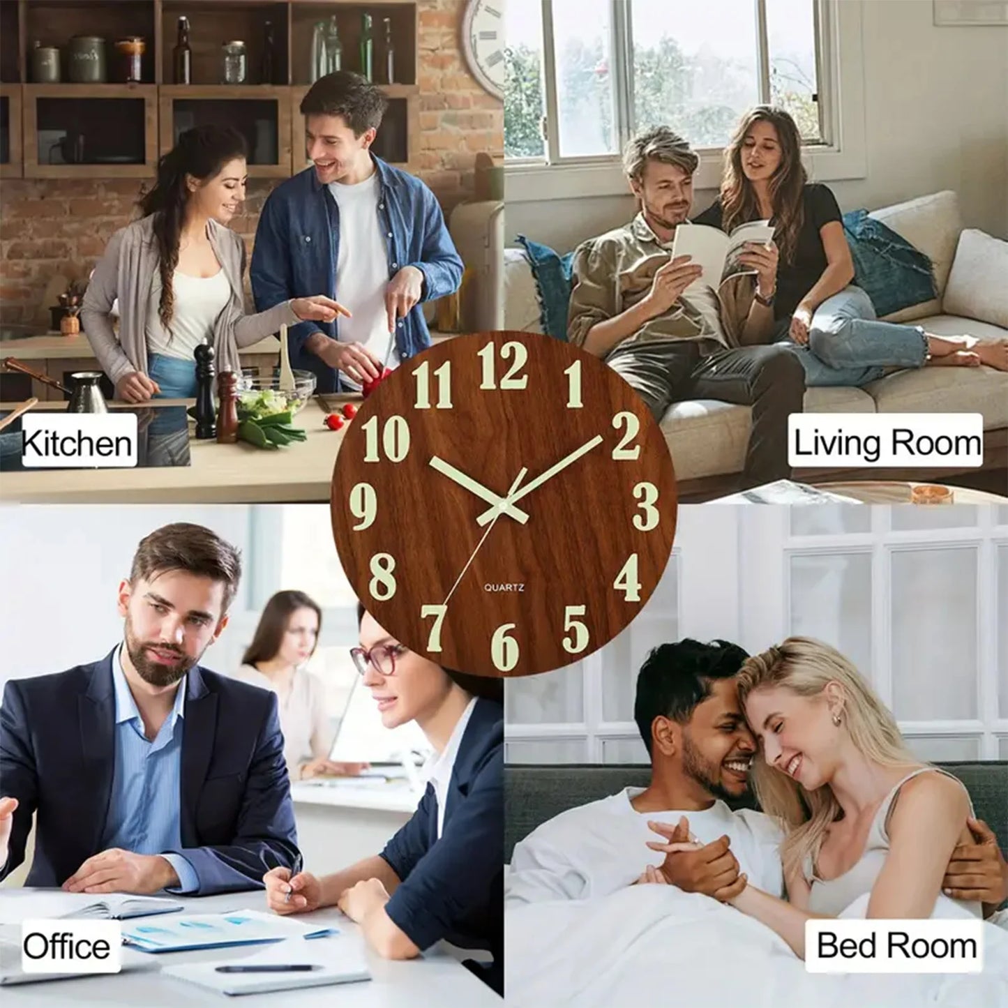 12 Inch Wooden Simple Luminous Wall Clock Silent Non Ticking Analog