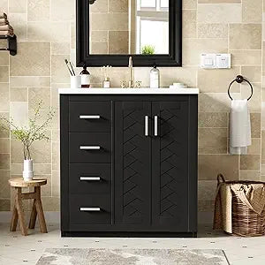30 Inch Bathroom Vanity with Ceramic Sink, Modern Bathroom Storage Cabinet with 3 Drawers and 2 Doors