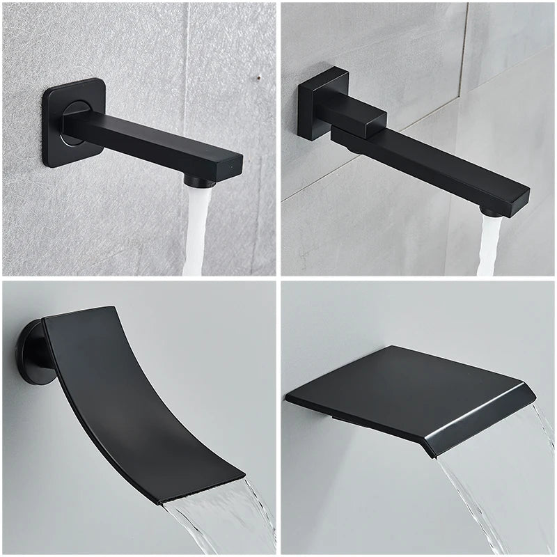 Black Concealed Shower System Rain Waterfall Bathroom Embedded Shower Faucet Set with Tub Spout