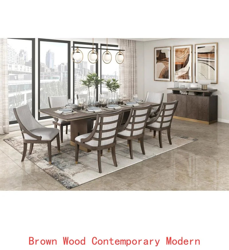 Modern Brown Finish 9-Piece Dining Set with Extension Table and 8 Armchairs, Upholstered Kitchen Furniture with Gold Tipping.