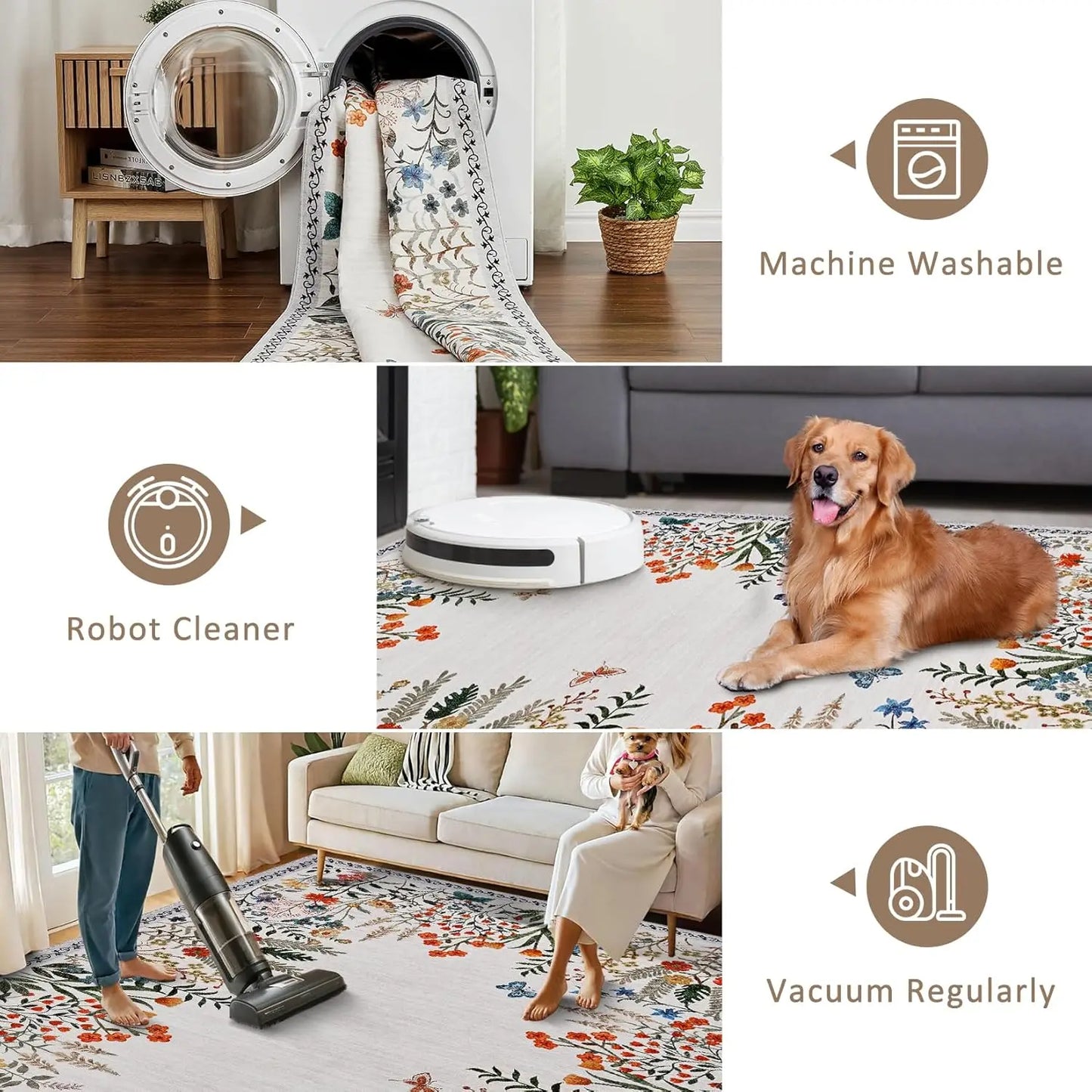 Washable Area Rugs , Non-Slip Floral