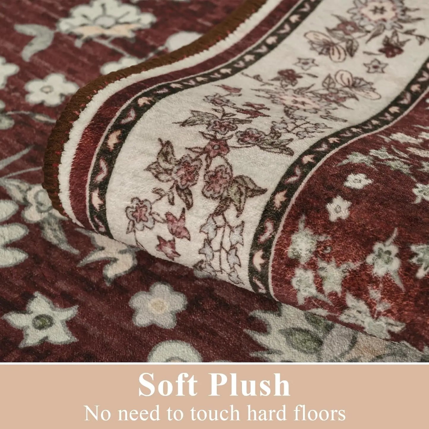 Washable Area Rugs for Living Room Bedroom Vintage Floral Print  Rug Soft Low Pile Non Slip