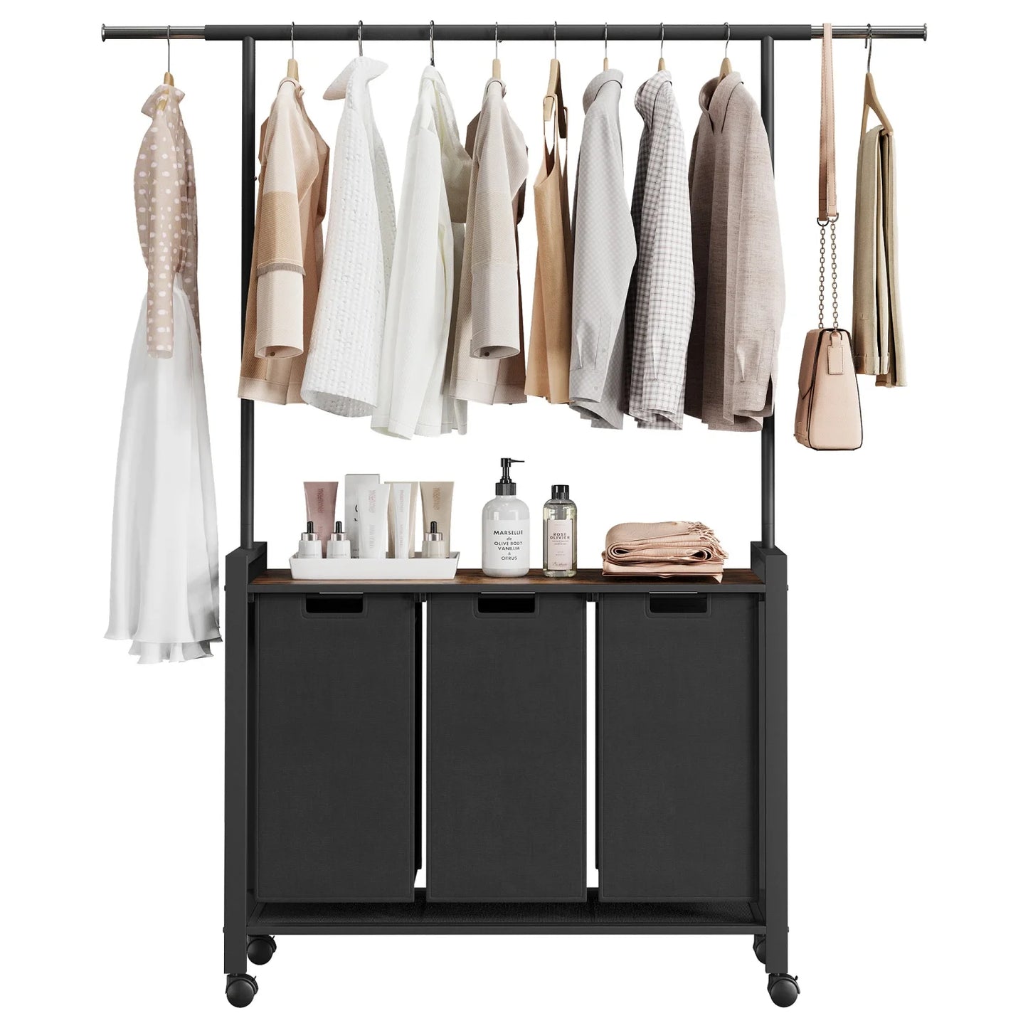 Laundry Sorter With Extendable Hanging Bar Laundry Basket With Wheels And Shelf, Laundry Room Organization And Storage