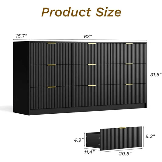 Black Dresser for Bedroom, 9 Drawer, Modern Chest of Drawers