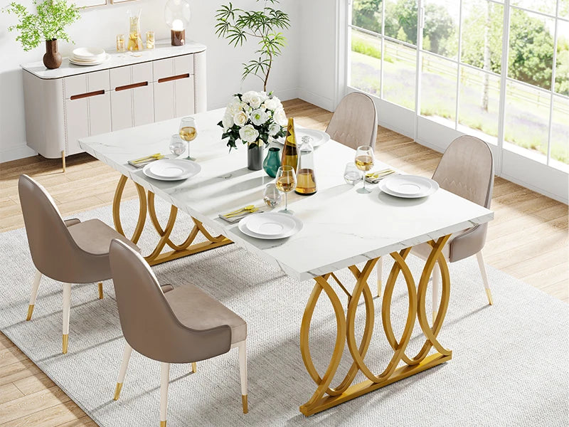 63-Inch Rectangular Dining Table for 4 to 6, Modern Kitchen Table with Faux Marble Table Top