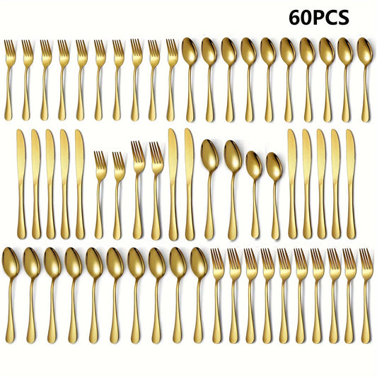 30/60-Piece Luxury Golden Flatware Set, Stainless Steel Cutlery Includes Dinner Spoons,Dinner Forks, Salad Forks, Dinner Knives