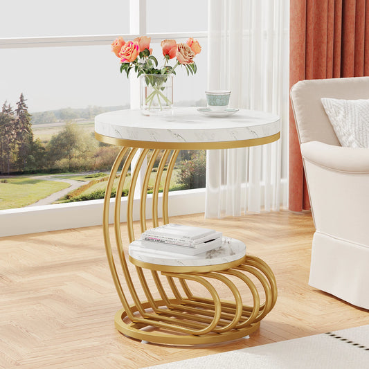 Gold Round End Table: 2 Tiers Faux Marble Side Table with Storage Shelf, Modern White Gold Bedside Nightstand