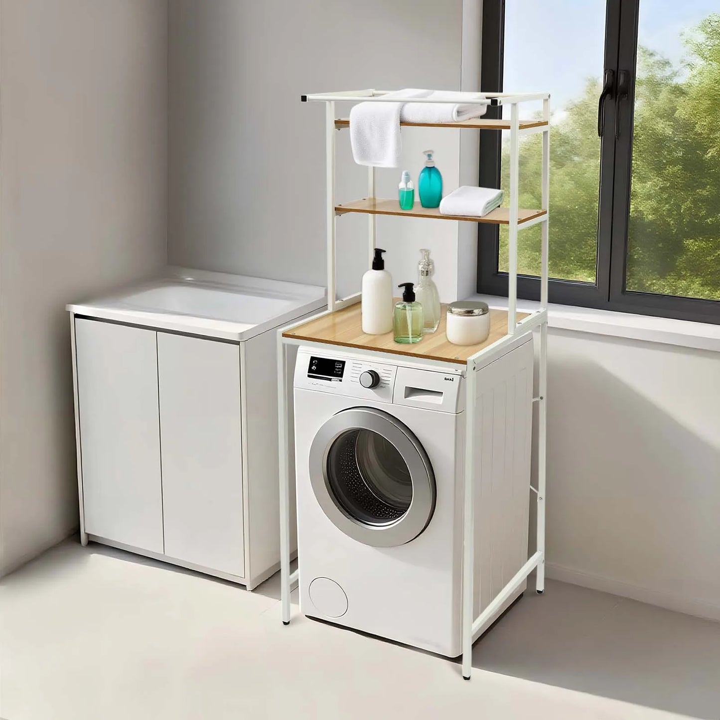 Over Washer and Dryer Storage Shelves 3 Tiers Standing Clothes Drying Rack with Basket for Laundry Room Balconies Porches