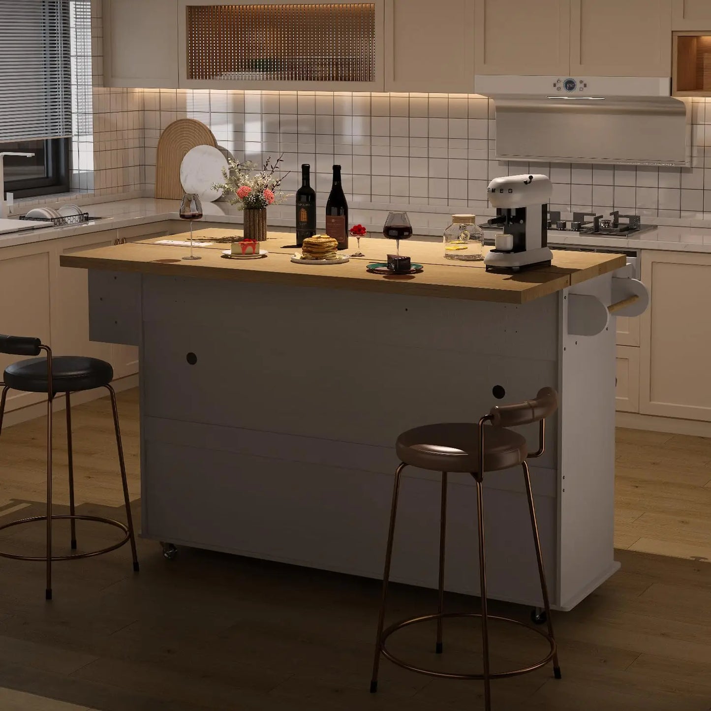 60" Mobile Kitchen Islands Rolling Trolleys Kitchen Island Table Drop Leaf Home Carts with Power Outlet Spice Towel Rack Trash