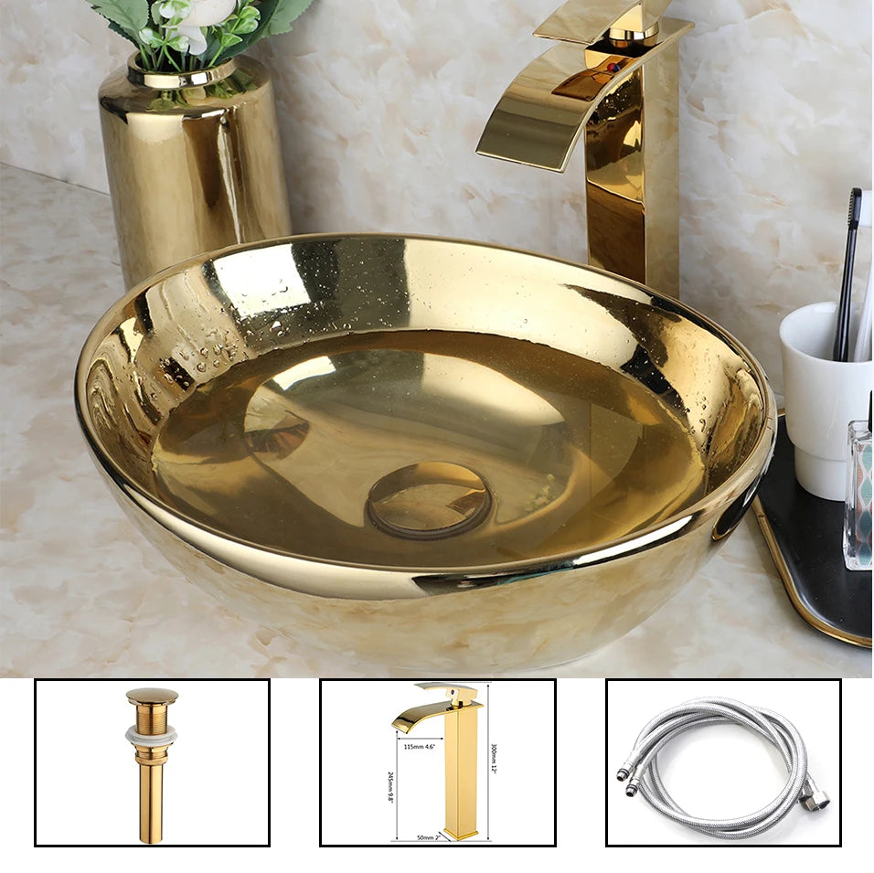 Gold Ceramic Luxury Bathroom Vessel Sink Set  Bowl Washbasin Waterfall Brass Faucet Pop Up Drain Combo High-End Basin Kit
