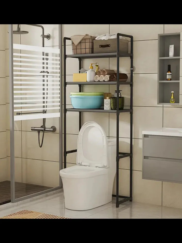 3-Tier Metal Bathroom Rack | Over Toilet Storage Shelf, No Drill Freestanding Organizer with Black Frame