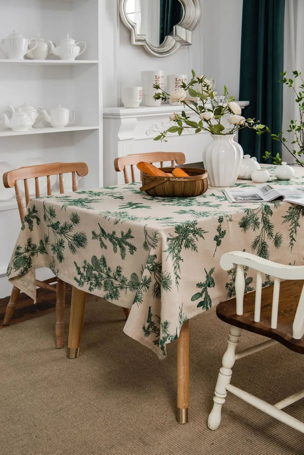 Cotton Linen Printed Pine Rectangular Fitted Tablecloth