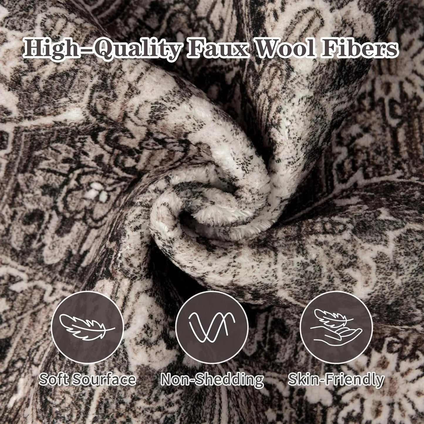 Faux Cashmere Vintage Printed Rug Area Rugs, Low Pile Rugs for Living Room Bedroom