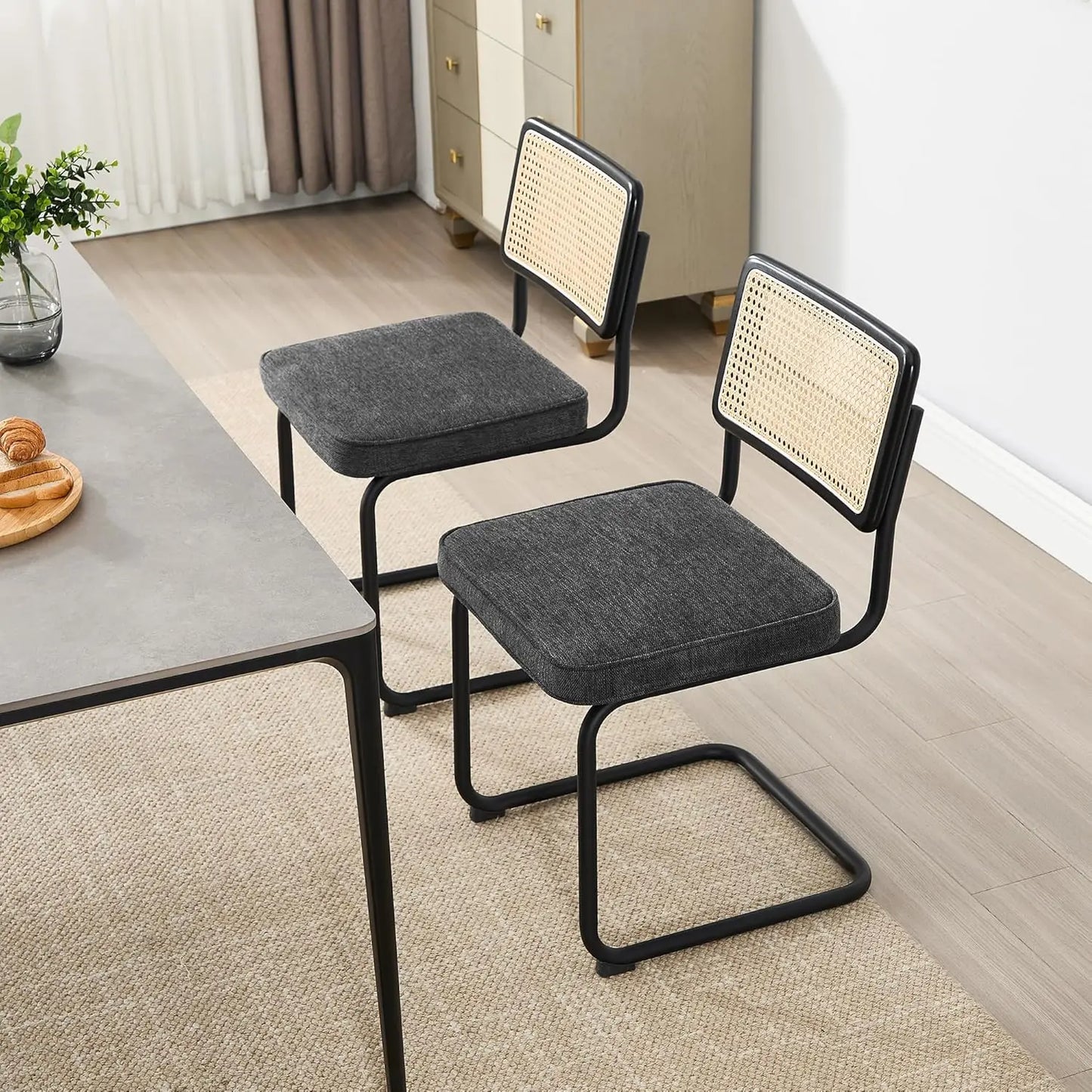 Natural Rattan Dining Chairs Set of 4, Modern Dining Room Chairs with Solid Wood Back for Kitchen