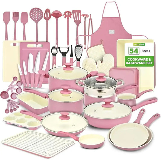 54 Piece Complete Kitchen Cookware Set Non Stick Ceramic Pots Pans Utensils Bakeware Knife Cutting Boards All Cooktops