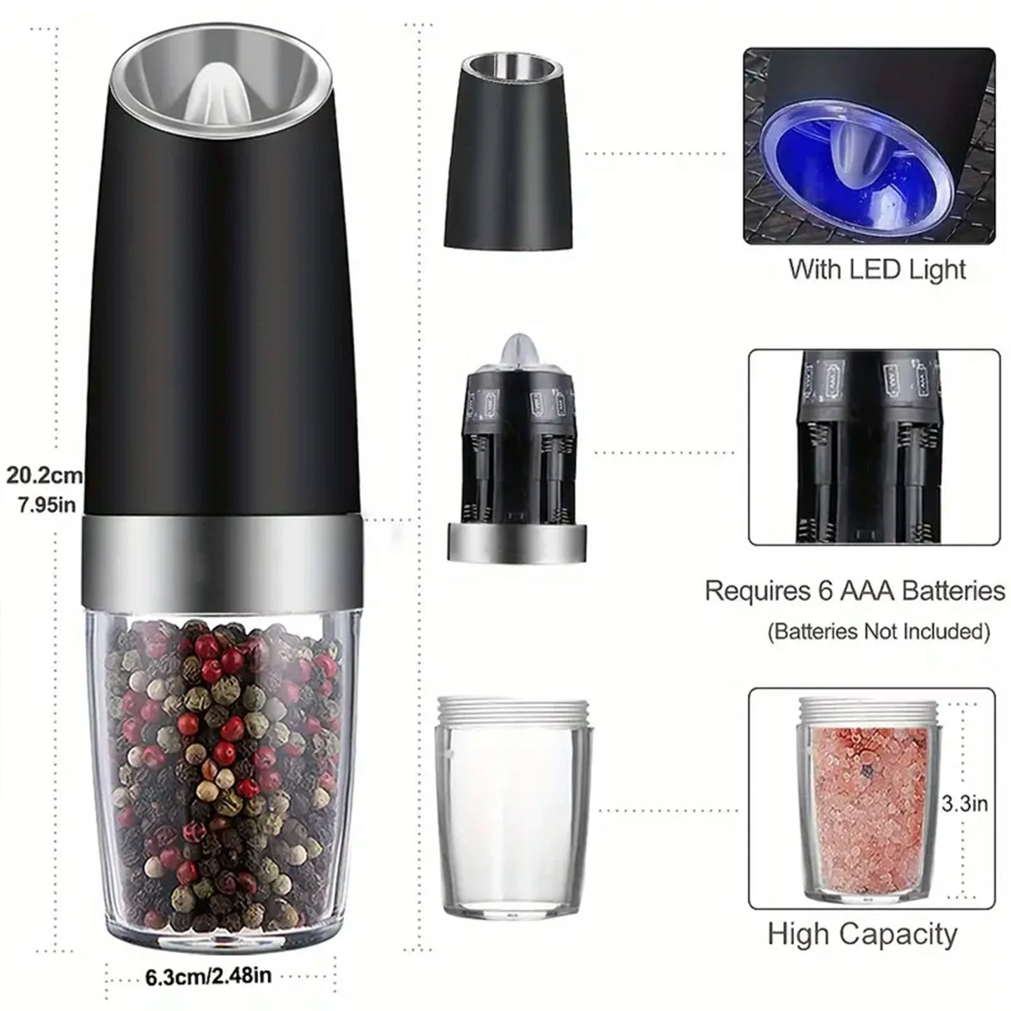 Gravity Electric Salt And Pepper Mill, Tilt To Grind Automatically, Battery Powered, Coarseness Adjustable