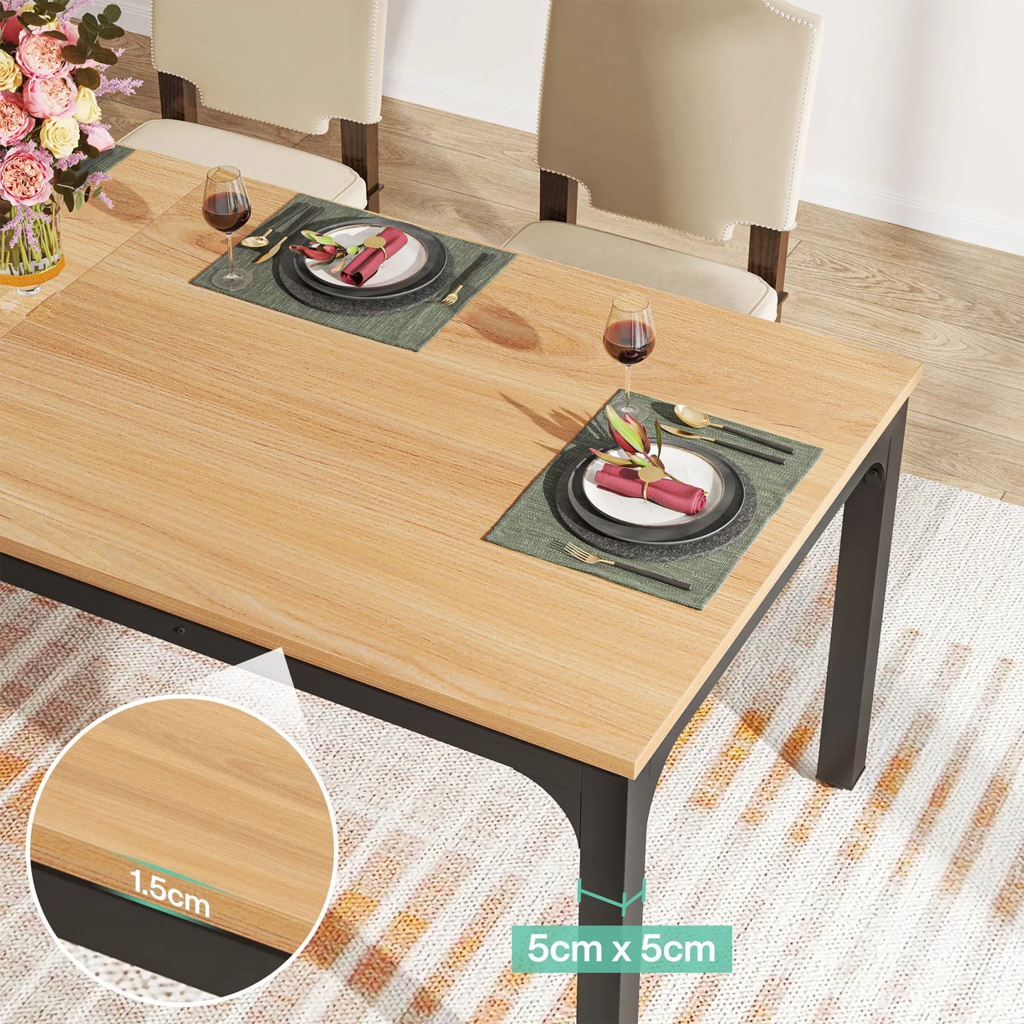 Dining Table for 6-8 People, 200cm Large Narrow Long Rectangular Kitchen Dinner Table, Rustic Wood Dining Table