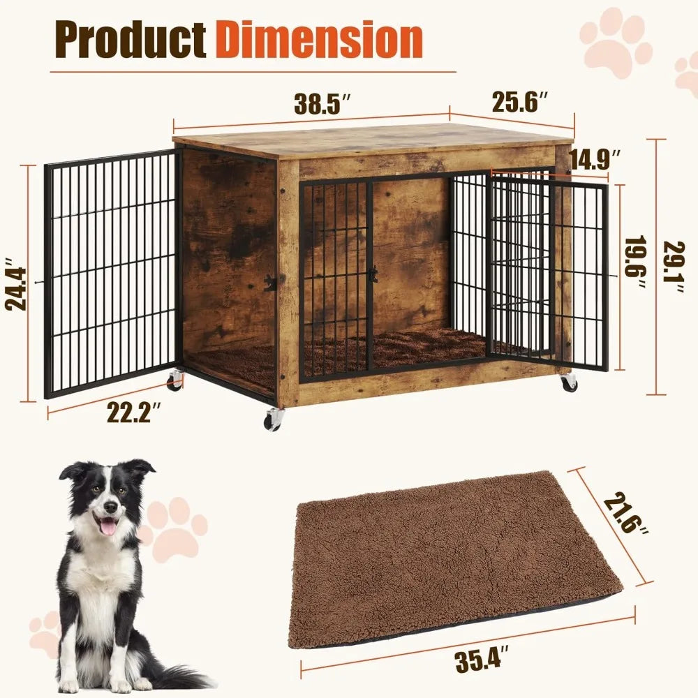 38 Inch Dog Crate Furniture with Cushion, Double Doors Wooden Dog Kennel Cage Indoor with Wheels, Pet House Decorative