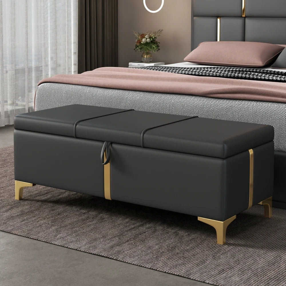 2-Pieces Bedroom Sets,Queen Size Upholstered Platform Bed with Hydraulic Storage System,Storage Ottoman with Metal Legs,Beige