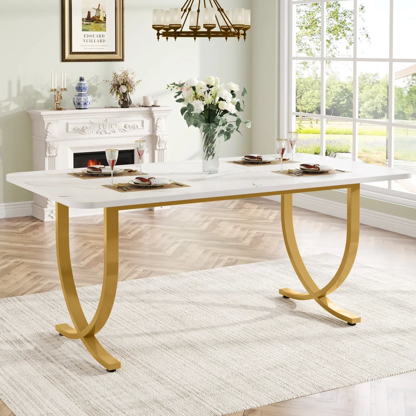 63" Modern Dining Table Kitchen Table with Faux Marble Top