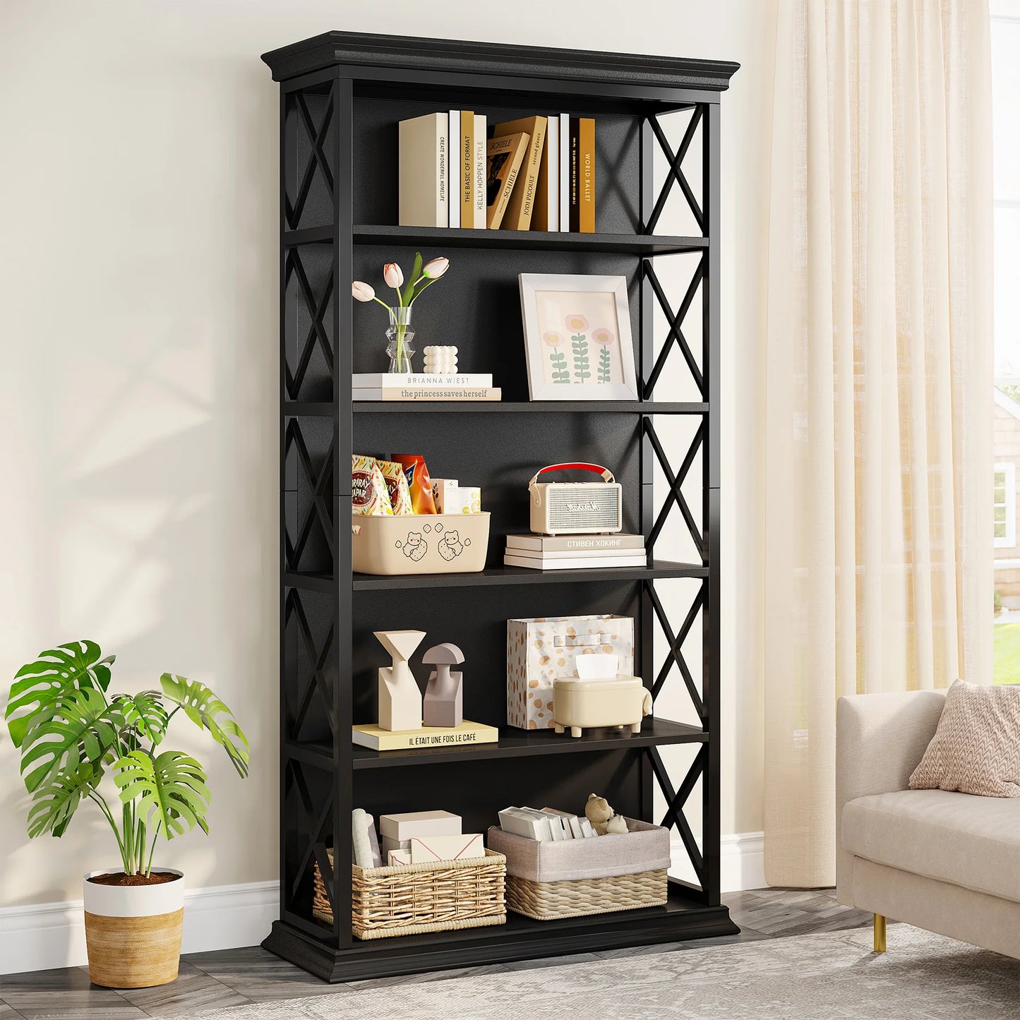 6-Tier Bookcase, 71 Inches Industrial Bookshelves and Bookcases, Floor Standing 5 Shelf Display Storage Shelves