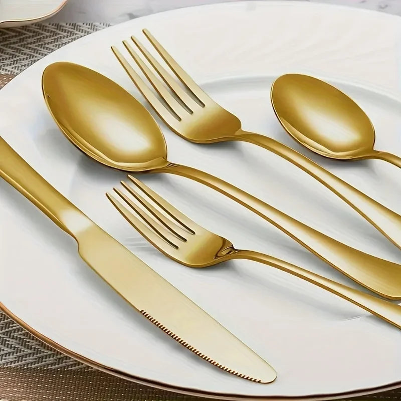 30/60-Piece Luxury Golden Flatware Set, Stainless Steel Cutlery Includes Dinner Spoons,Dinner Forks, Salad Forks, Dinner Knives