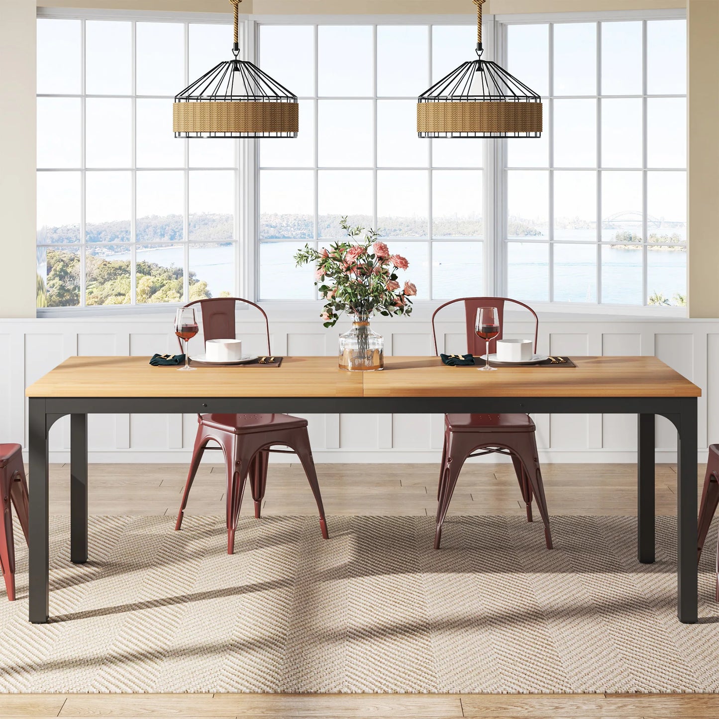 Dining Table for 6-8 People, 200cm Large Narrow Long Rectangular Kitchen Dinner Table, Rustic Wood Dining Table