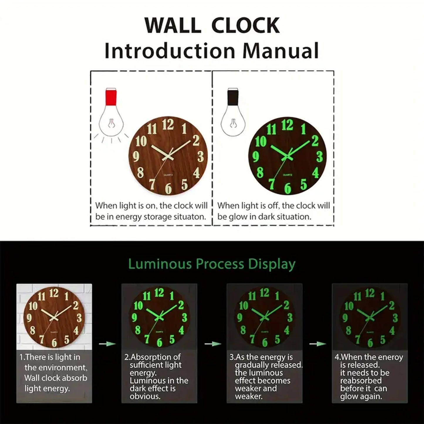 12 Inch Wooden Simple Luminous Wall Clock Silent Non Ticking Analog