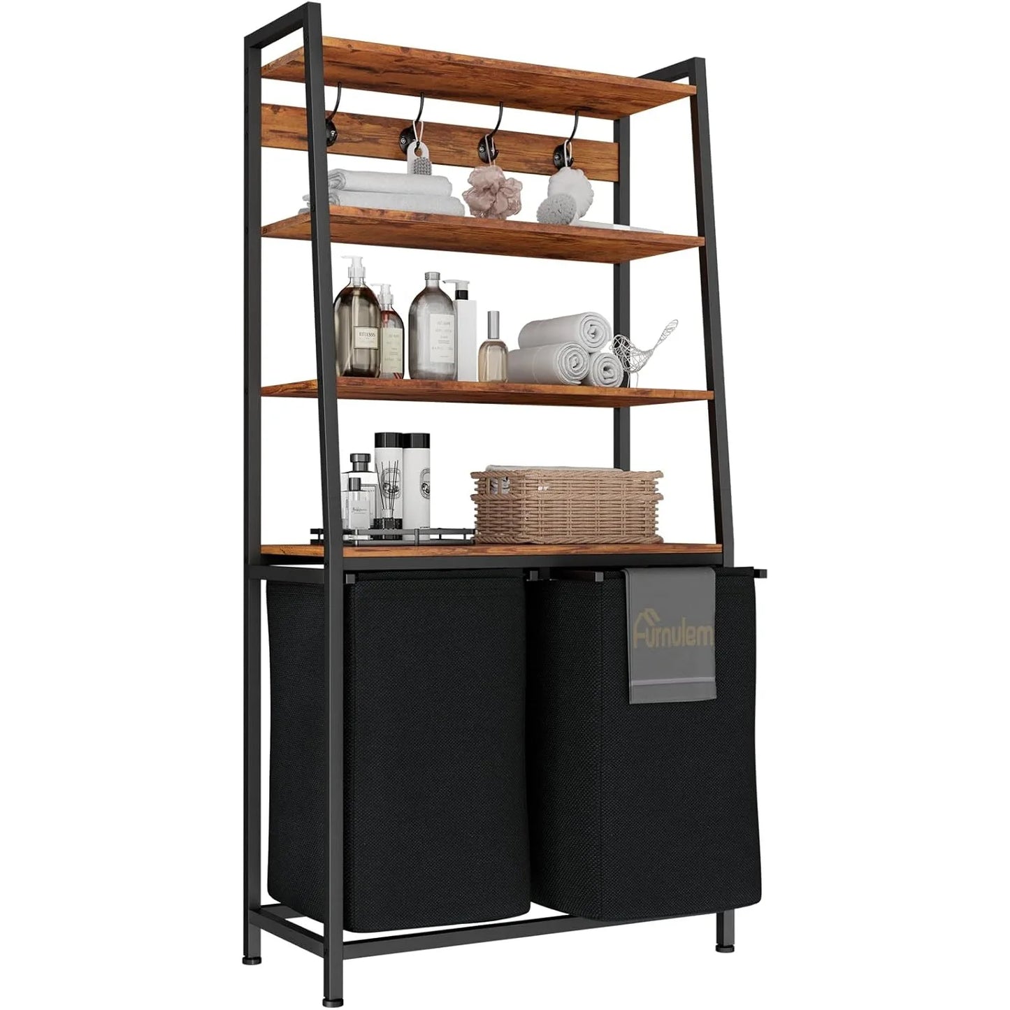 4 Tiers Laundry Hamper with Shelf and Hooks Tall Laundry Basket Sorter with 2 Removable Bags