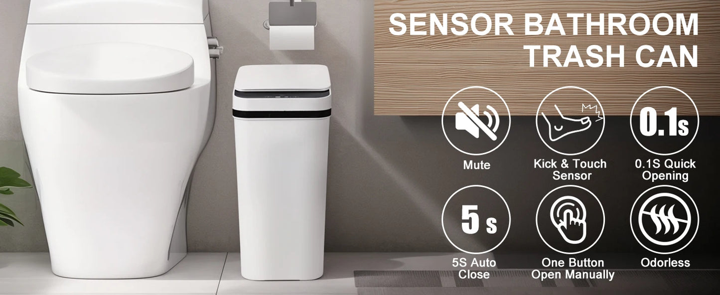 2 Pack 12L & 18L Bathroom Automatic Trash Can Touchless Motion Sensor Garbage Can with Lid for Bedroom living Room Kitchen White