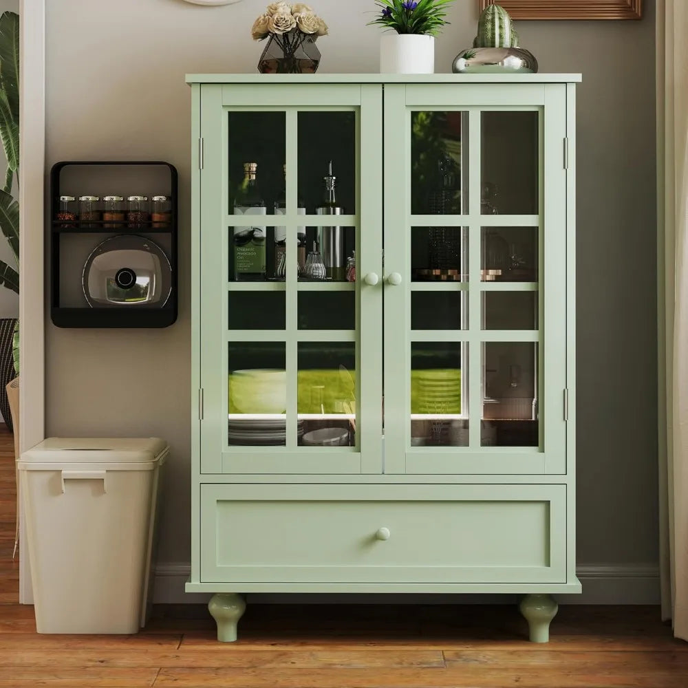 Buffet Cabinet with Glass Doors and Drawer, Modern Wood Storage Sideboard for Dining Room & Living Room, 28 Inch Accent Cabinet