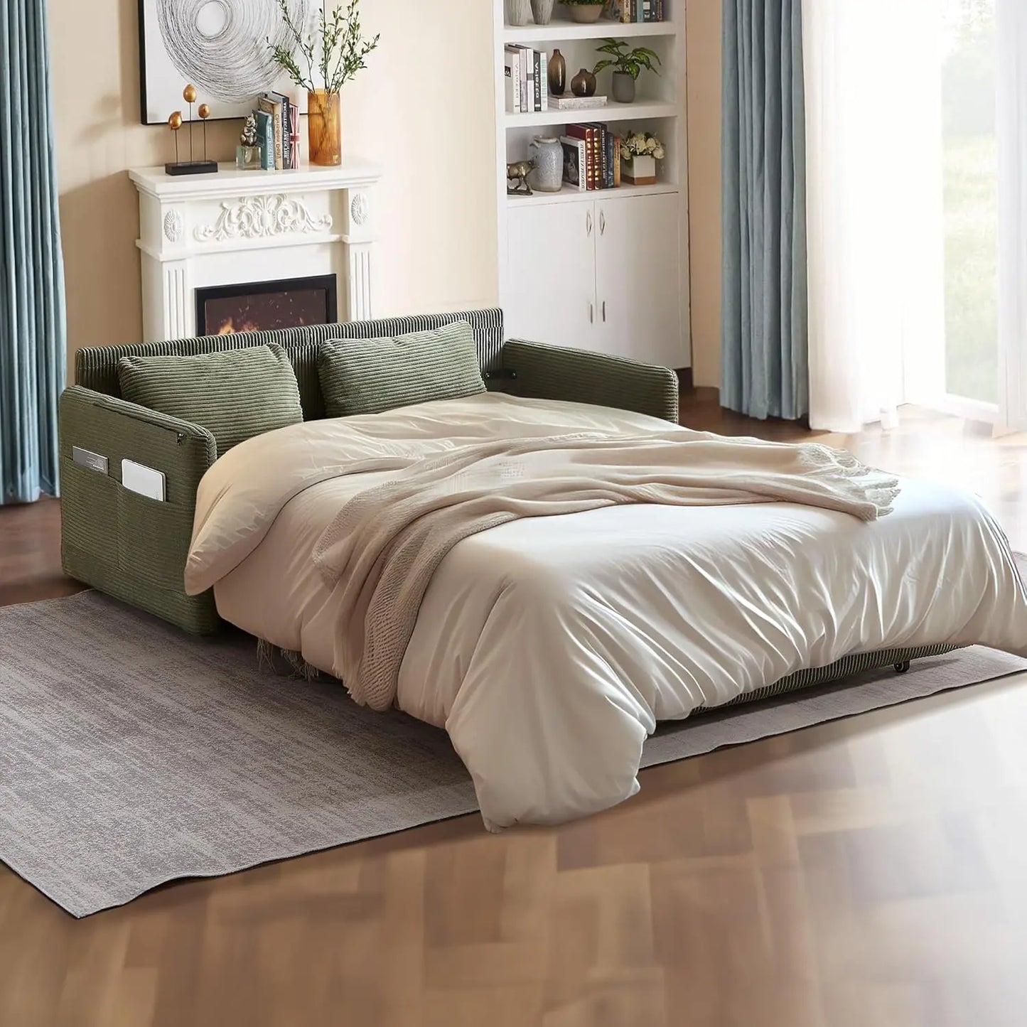 Queen Size Pull Out Couch Sleeper Sofa Bed, 3-in-1 Convertible Futon Couch for Living Room with Storage Pockets & Arm Pillows